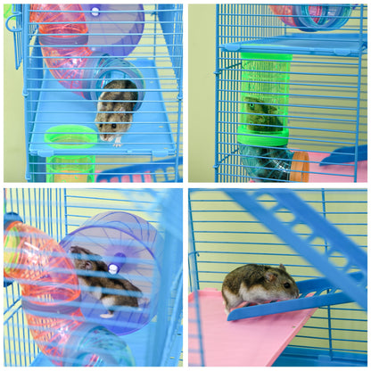 PawHut 5 Tier Hamster Cage Carrier Habitat with Exercise Wheels Tunnel Tube Water Bottle Dishes House Ladder for Dwarf Mice, Blue 