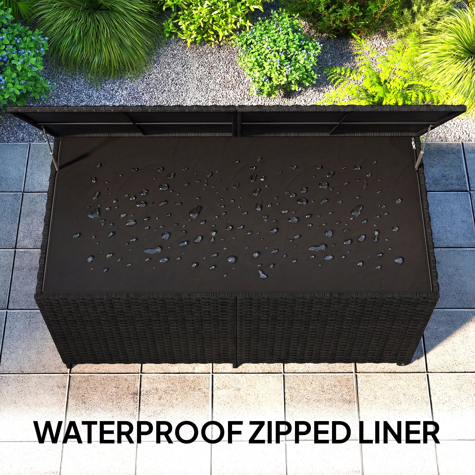 Outsunny 650L Garden Storage Box with 2 Wheels, Rattan Deck Box with Waterproof Zipped Liner, Safe Pneumatic Rods, Black 
