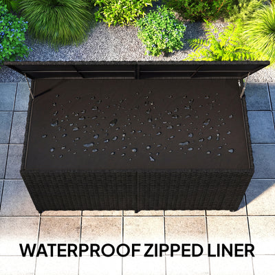 Outsunny 650L Garden Storage Box with 2 Wheels, Rattan Deck Box with Waterproof Zipped Liner, Safe Pneumatic Rods, Black 
