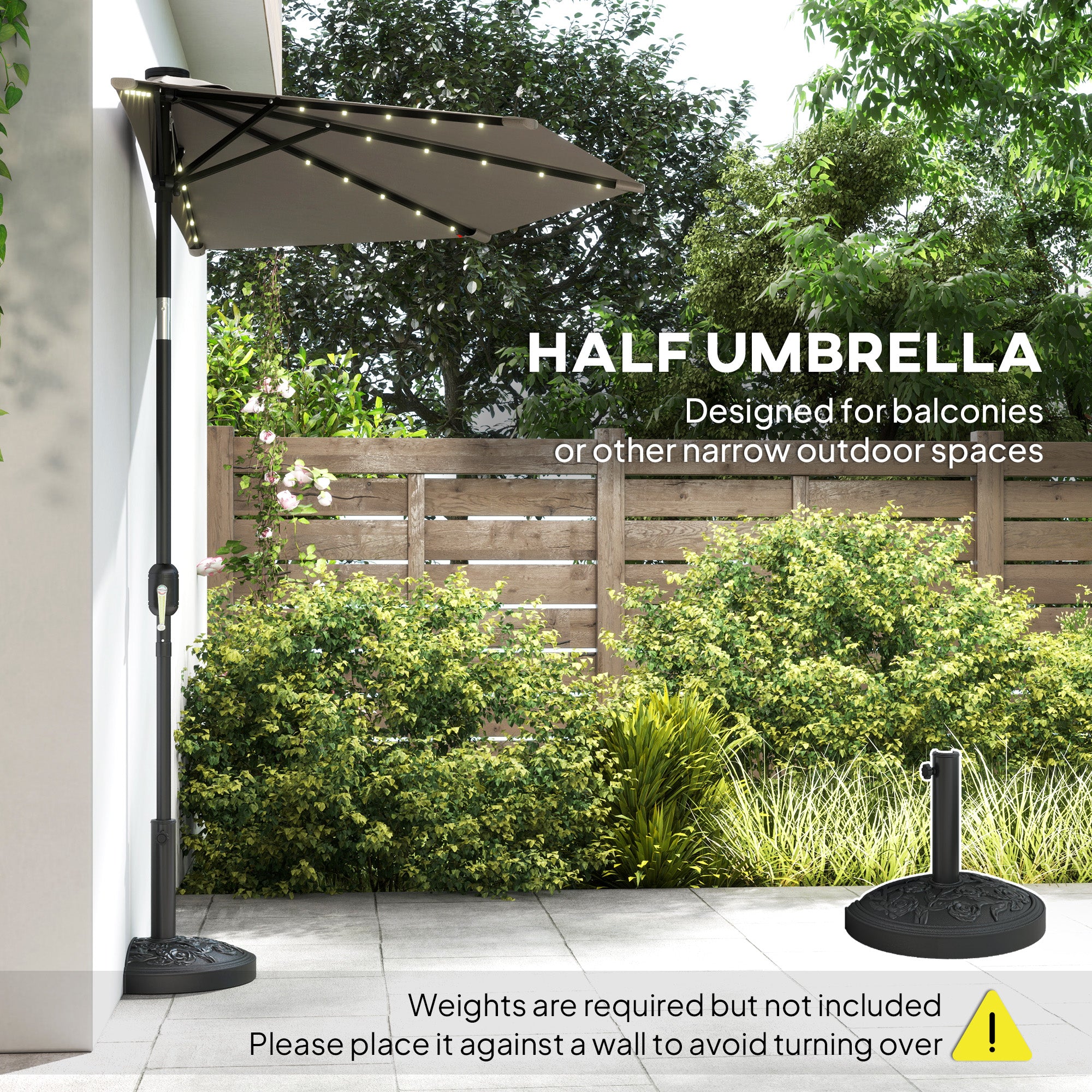 Outsunny 2.6 m Half Garden Parasol with Solar LED Lights, UPF50+ Semi Round Umbrella with 30° Tilt, Crank Handle, Dark Grey 