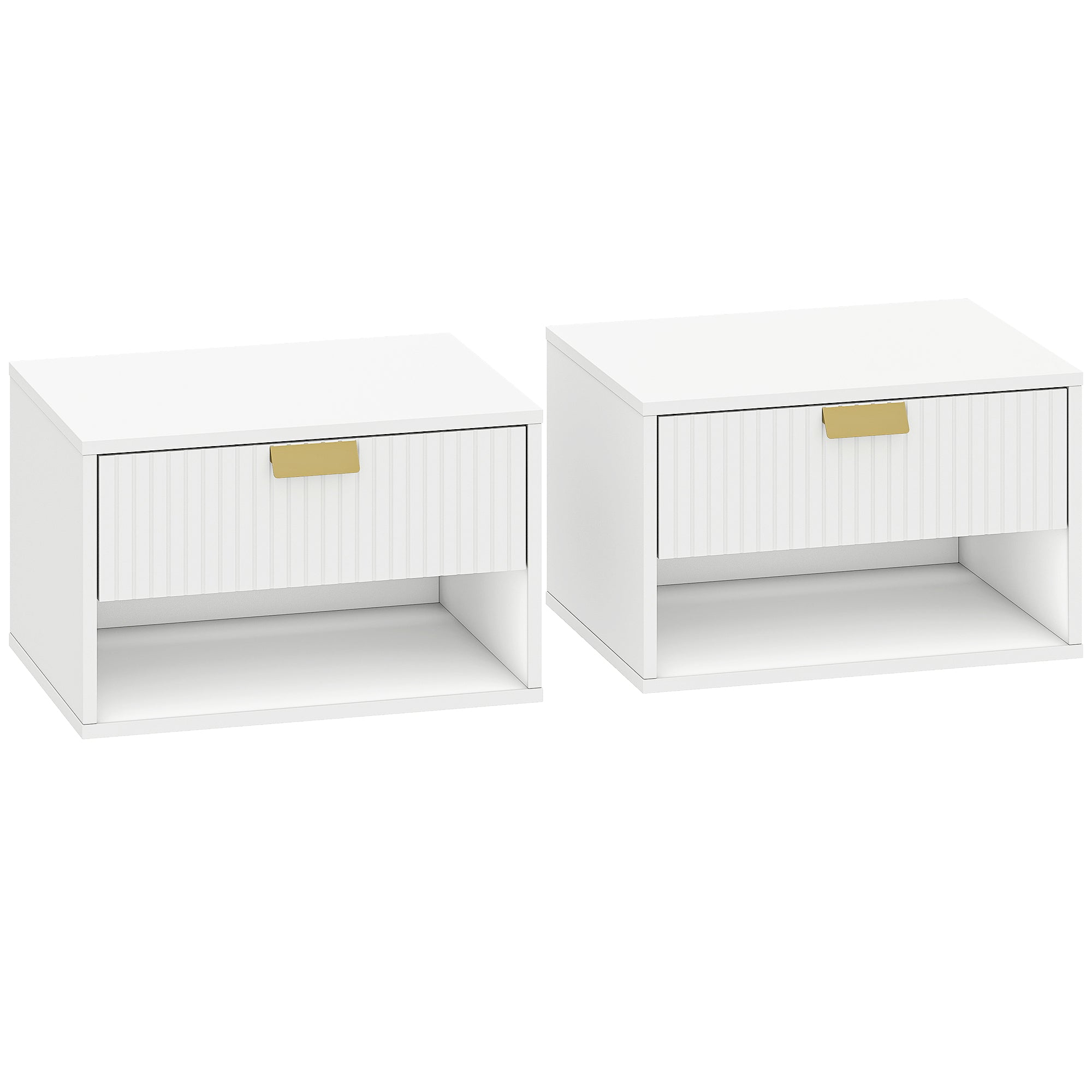 HOMCOM Set of 2 Wall Mounted Nightstands, Floating Bedside Tables with Fluted Drawer and Open Shelf for Small Bedroom, White 