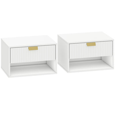 HOMCOM Set of 2 Wall Mounted Nightstands, Floating Bedside Tables with Fluted Drawer and Open Shelf for Small Bedroom, White 