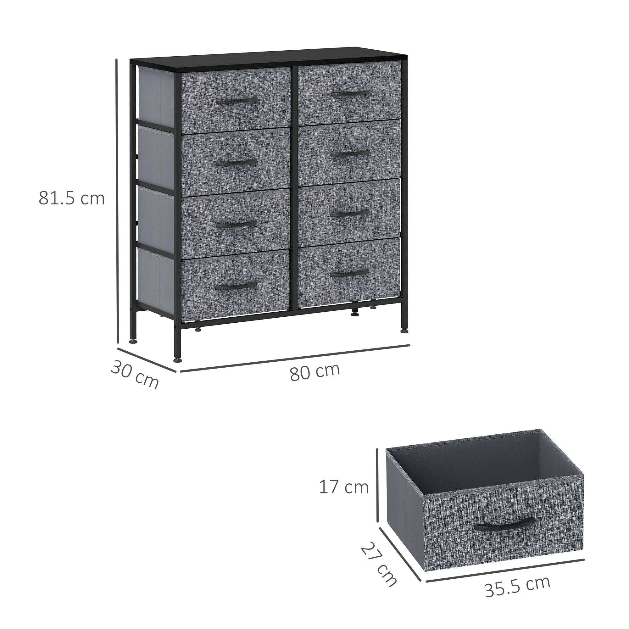 HOMCOM Fabric Chest of Drawers, Storage Drawers, Industrial Bedroom Dresser with 8 Fabric Drawers, Steel Frame and Wooden Top for Nursery, Living Room, Hallway, Black 