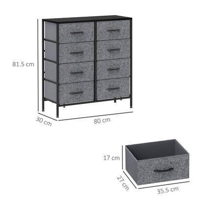 HOMCOM Fabric Chest of Drawers, Storage Drawers, Industrial Bedroom Dresser with 8 Fabric Drawers, Steel Frame and Wooden Top for Nursery, Living Room, Hallway, Black 