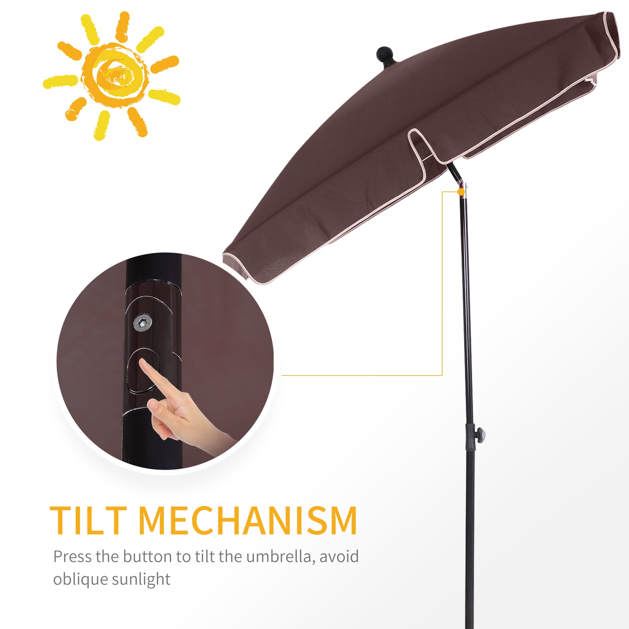 Outsunny Garden Parasol Umbrella, Outdoor Market Table Umbrella with Ruffles & Aluminium Pole, Rectangular Tilting Parasol Sun Shade Canopy, 2 x 1.3m, Brown 