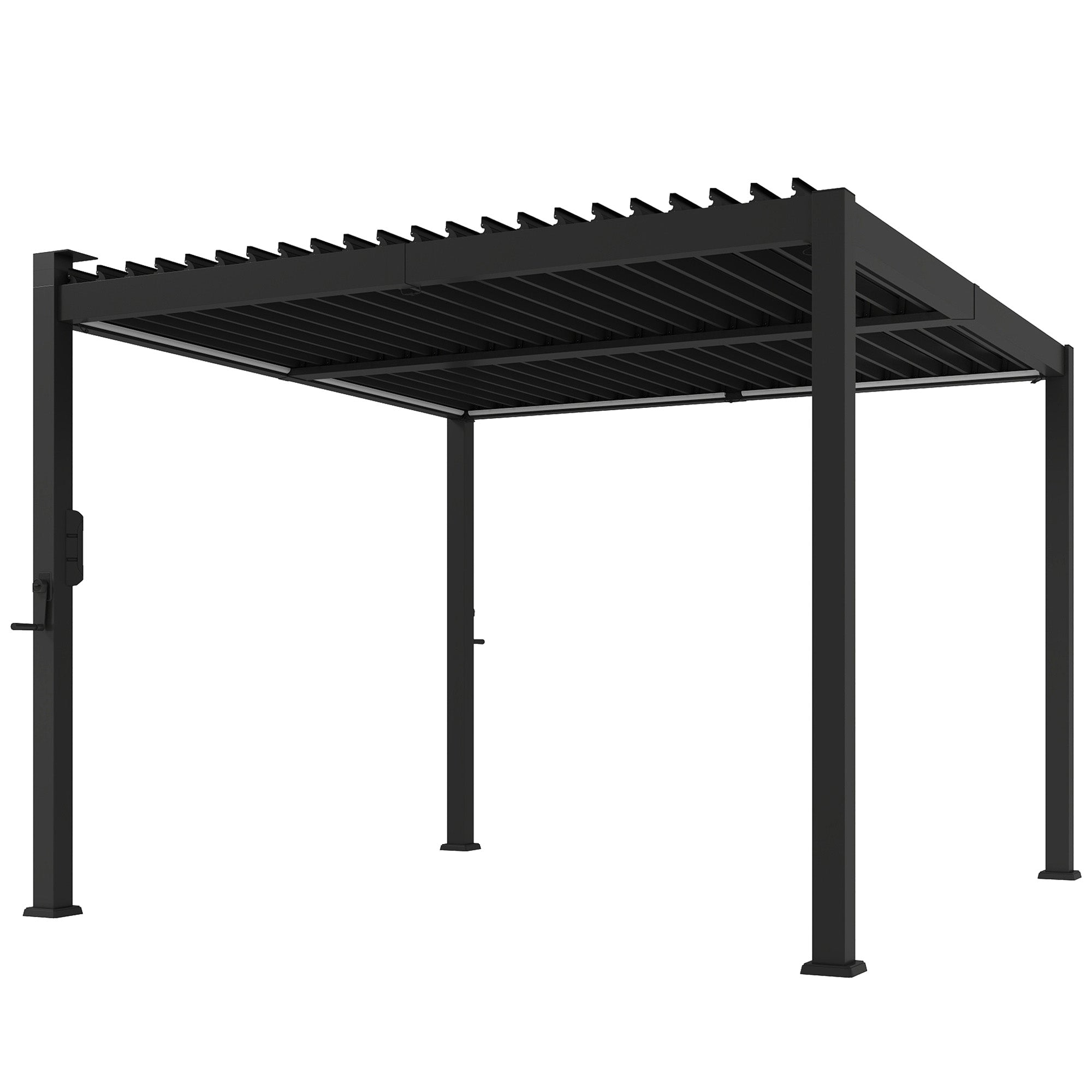 Outsunny 3 x 3 m Louvered Pergola with Solar LED lights, Metal Roof, Patio Gazebo Pergola Canopy with Drainage Gutters, Black 