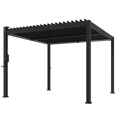 Outsunny 3 x 3 m Louvered Pergola with Solar LED lights, Metal Roof, Patio Gazebo Pergola Canopy with Drainage Gutters, Black 