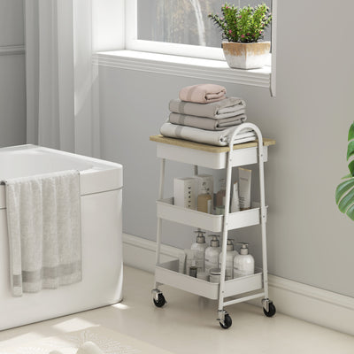 HOMCOM 3-Tier Kitchen Storage Trolley with on Wheels Cover Top Board - White and Oak 