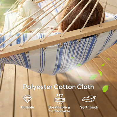 Outsunny Cotton Hammock, Soft Portable Swing Sleeping w/ Headrest & Side Pocket, Blue and White 