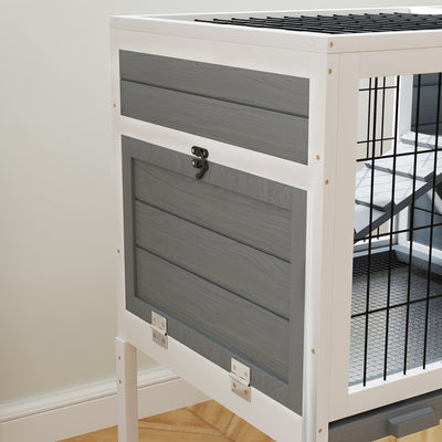 PawHut Wooden Rabbit Hutch, Guinea Pig Cage, with Removable Tray, Openable Roof, Grey 