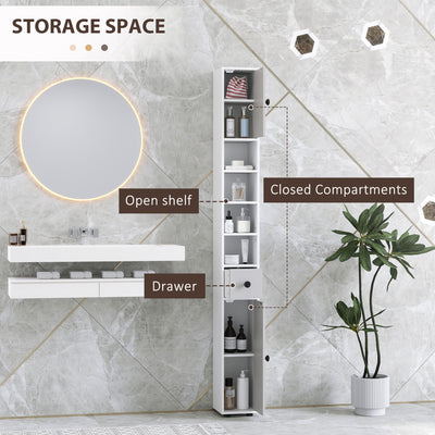 kleankin 180cm Slim Bathroom Cabinet, with Drawer, Shelves and Cupboards - Light Grey 