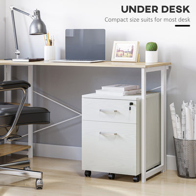 Vinsetto 2-Drawer Locking Office Filing Cabinet w/ 5 Wheels Rolling Storage Hanging Legal Letter Files Cupboard Home Organisation White Wood Grain 