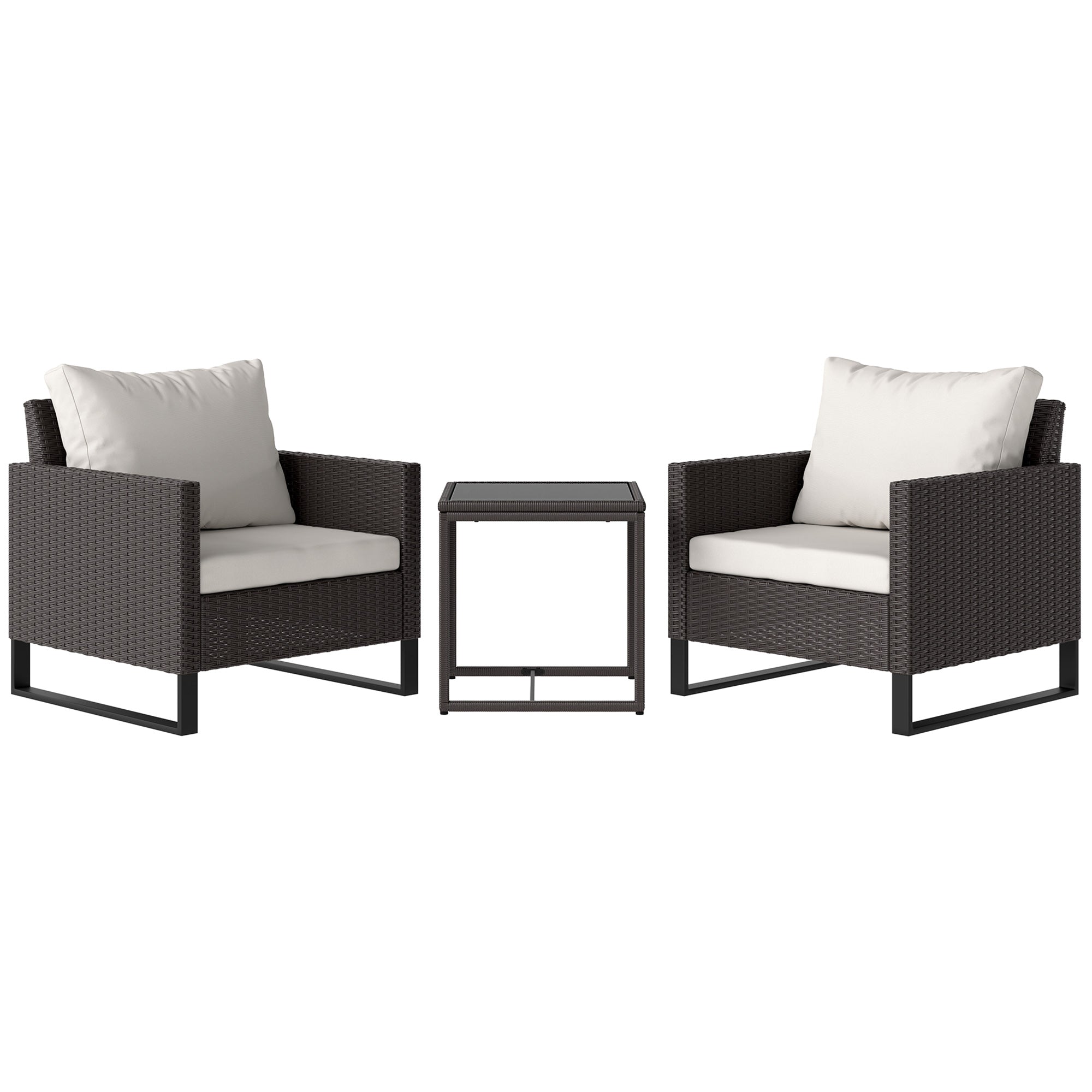 Outsunny 3 Pieces Rattan Bistro Set with 4 Cushions, Wicker Garden Furniture Set, Glass Top Coffee Table and Chairs for Outdoor Patio, Balcony, Terrace and Conservatory, Brown 