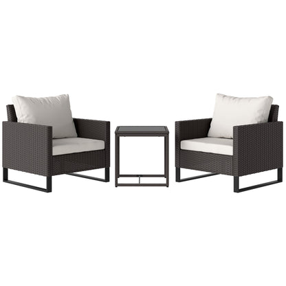 Outsunny 3 Pieces Rattan Bistro Set with 4 Cushions, Wicker Garden Furniture Set, Glass Top Coffee Table and Chairs for Outdoor Patio, Balcony, Terrace and Conservatory, Brown 