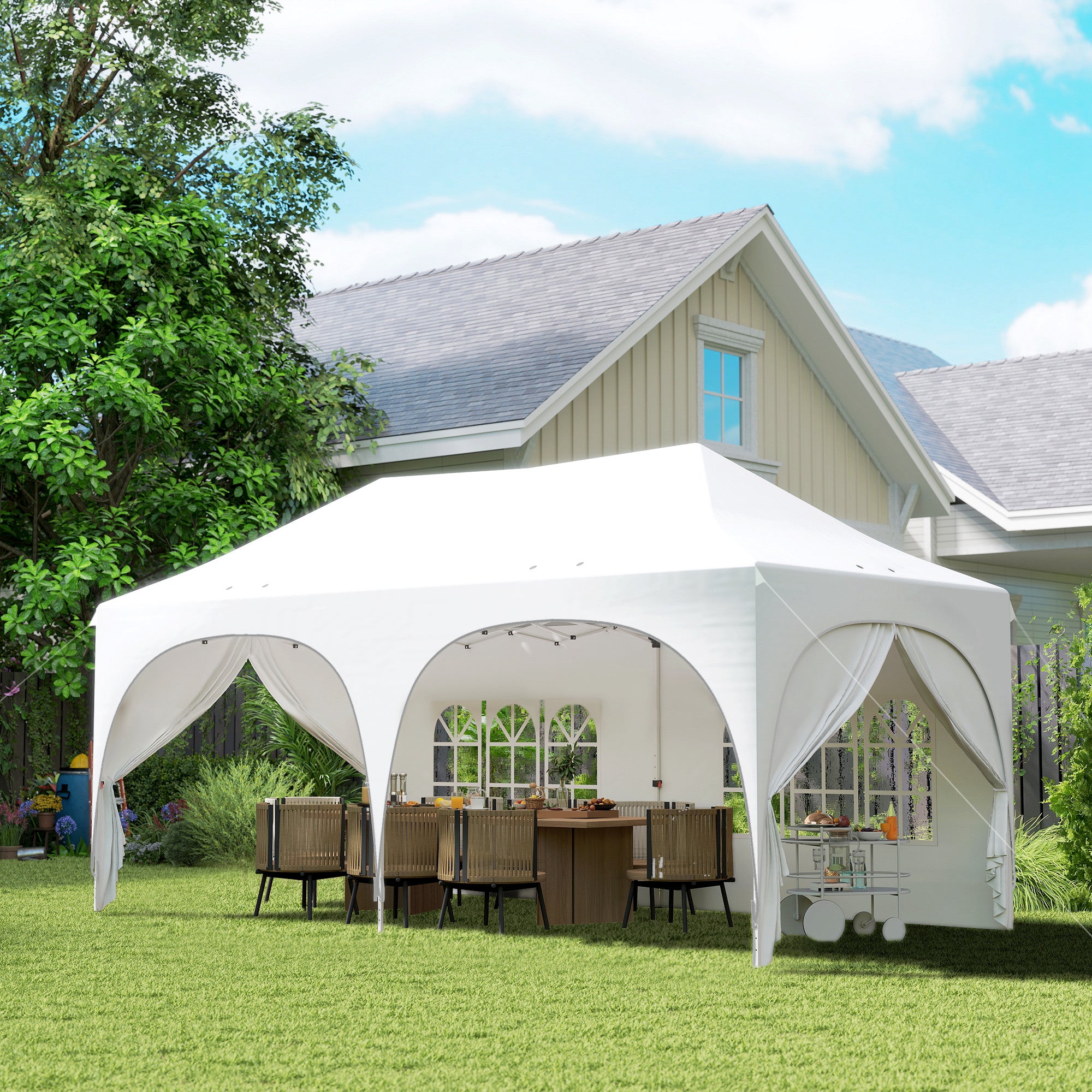 Outsunny 3 x 6m Pop Up Gazebo Shelter with Sides, 6 Sandbags, Peak Top Garden Party Tent Marquee with Carry Bag, Light Grey/White 