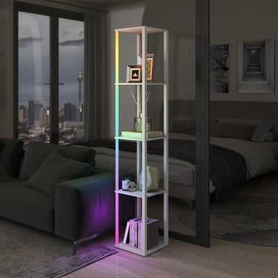 HOMCOM RGB LED Floor Lamp with Shelves, Modern Dimmable Standing Lamp with Remote Control, Adjustable Brightness & Speed for Living Room, Bedroom, Office, White 