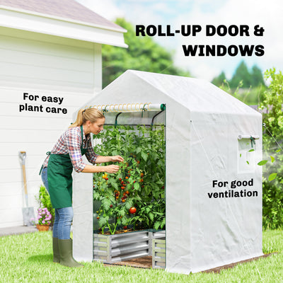 Outsunny Small Greenhouse with Raised Garden Bed, Galvanised Walk-in Greenhouse with Roll Up Windows, 141 x 141 x 190 cm, White 
