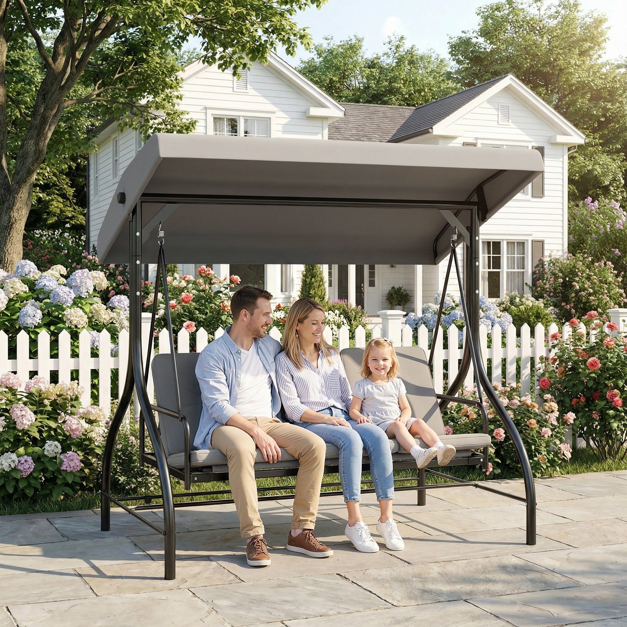 Outsunny 3 Seater Canopy Swing Chair, 2 in 1 Garden Swing Seat Bed, with Adjustable Canopy and Metal Frame, Light Grey 