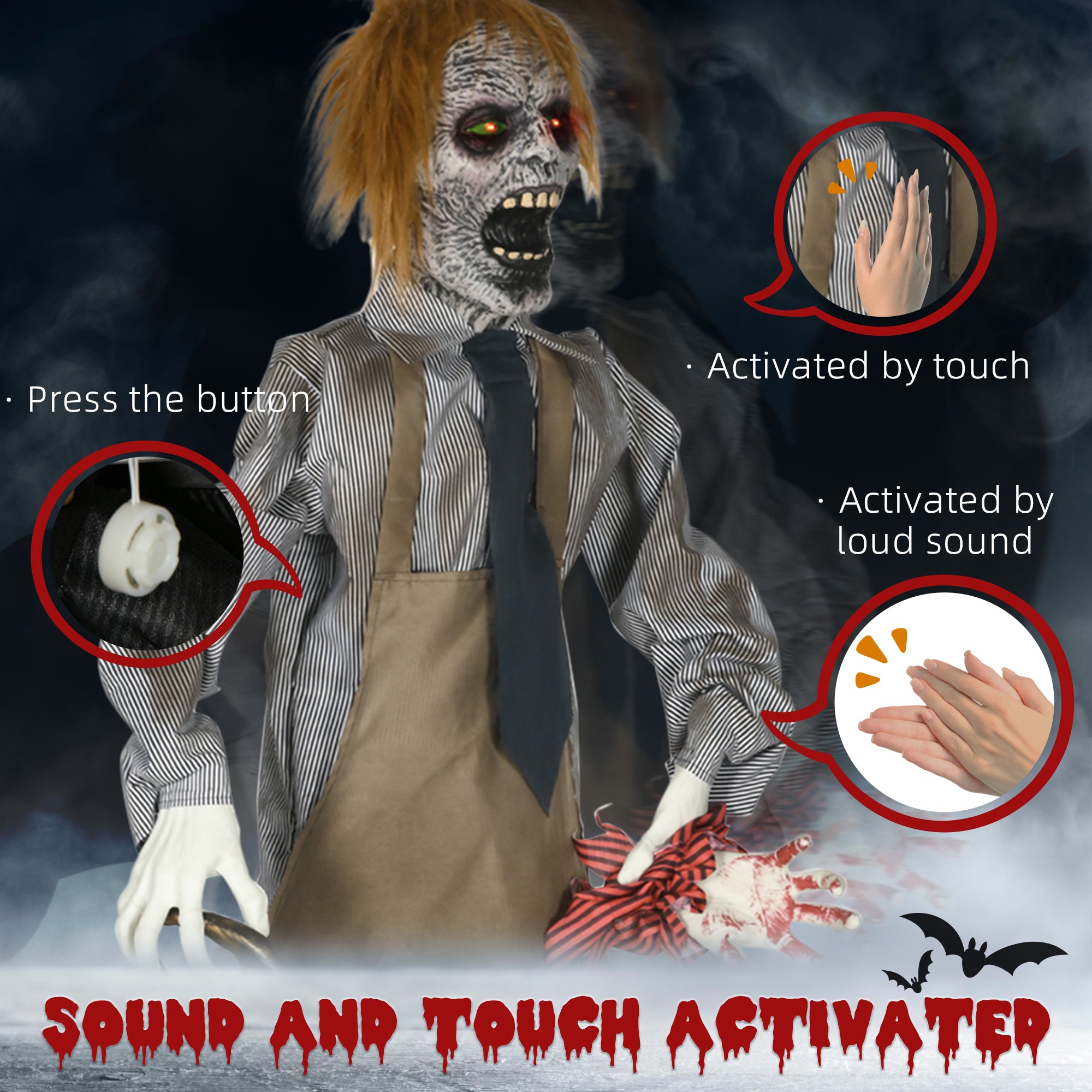 HOMCOM 5.5ft Life Size Halloween Animatronic Standing Chainsaw Killer, with Light Up Eyes, Sound Activated Moving Body, Scary Halloween Decorations, Battery Operated, Indoor Party Props 