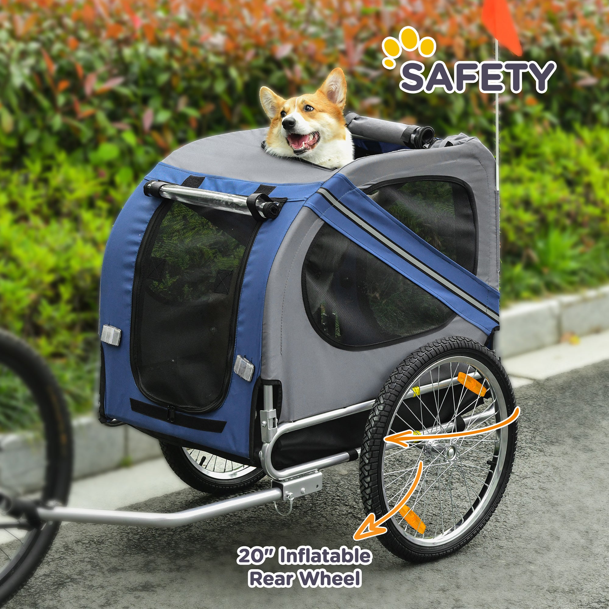 PawHut Folding Dog Bike Trailer Pet Cart Carrier for Bicycle Travel in Steel Frame with Hitch Coupler - Blue & Grey 