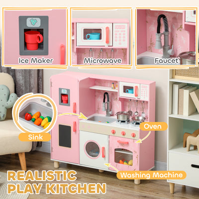 AIYAPLAY Play Kitchen, Kids Kitchen Set with Lights and Sounds, Double Stoves, Ice Maker, Chalkboard for 3+ Years - Pink 