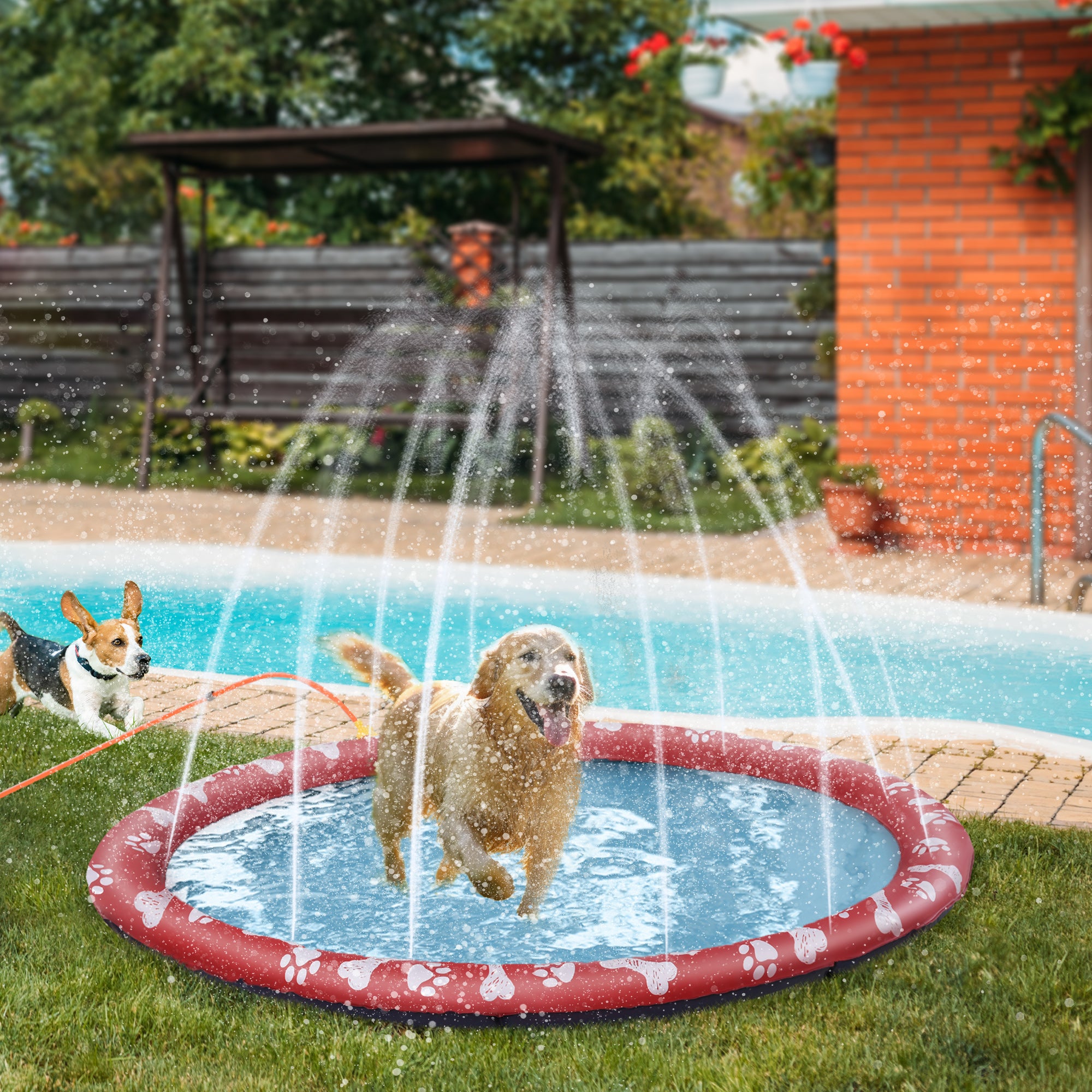 PawHut 170cm Splash Pad Sprinkler for Pets Dog Bath Pool Water Game Mat Toy Non-slip Outdoor Backyard Red 