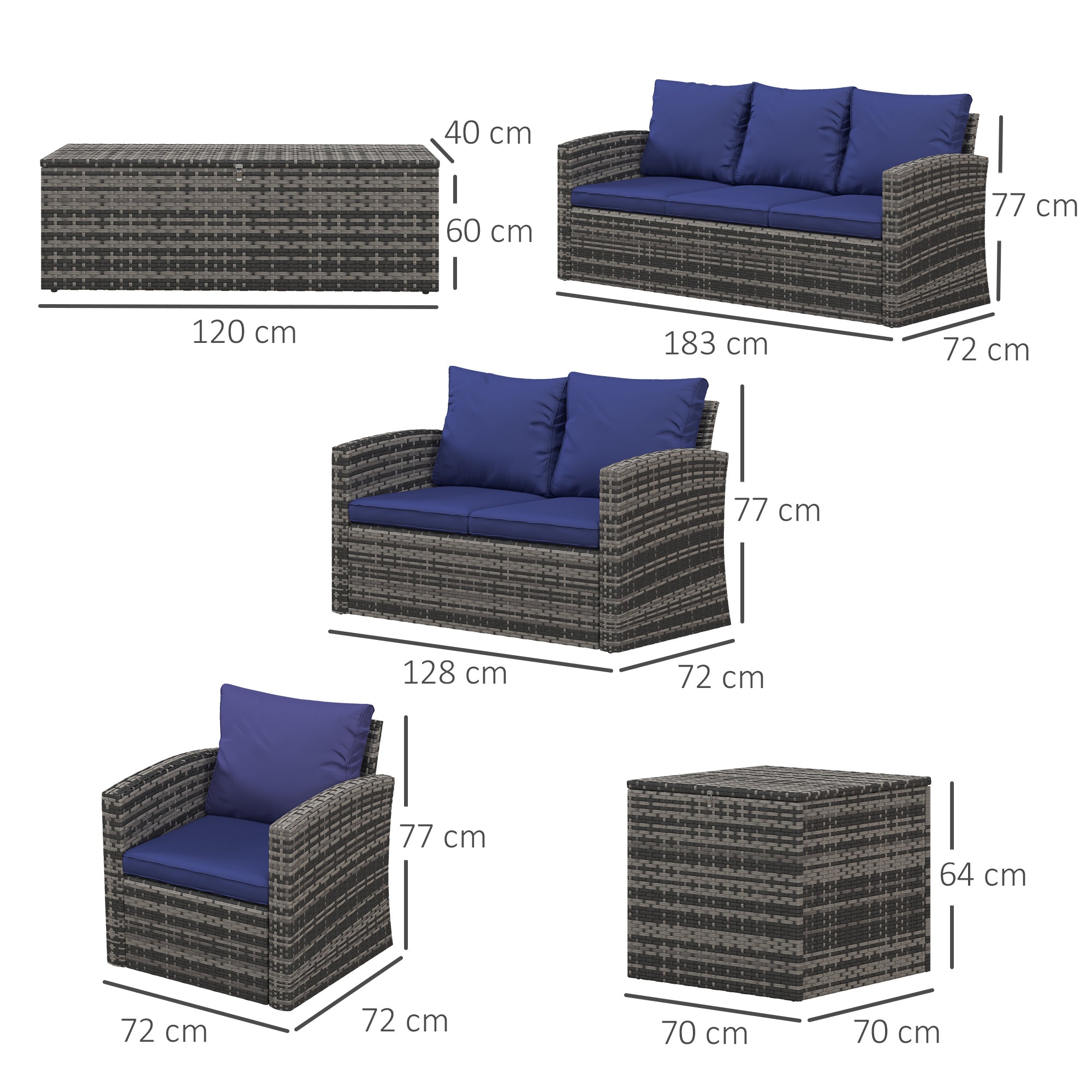 Outsunny 6 Pieces Rattan Garden Furniture Set, 7 Seater Wicker Outdoor Furniture Set with Storage Tea Table & Side Table, Sectional Garden Sofa Set with Cushions, Navy Blue 