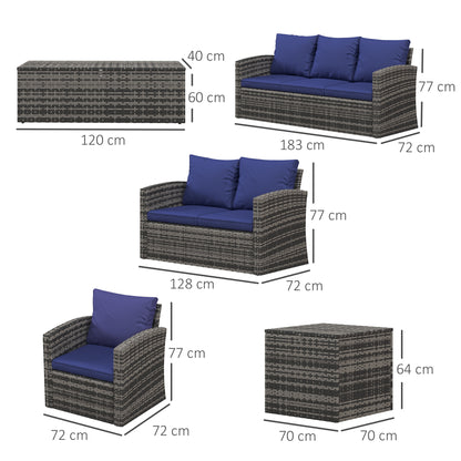 Outsunny 6 Pieces Rattan Garden Furniture Set, 7 Seater Wicker Outdoor Furniture Set with Storage Tea Table & Side Table, Sectional Garden Sofa Set with Cushions, Navy Blue 