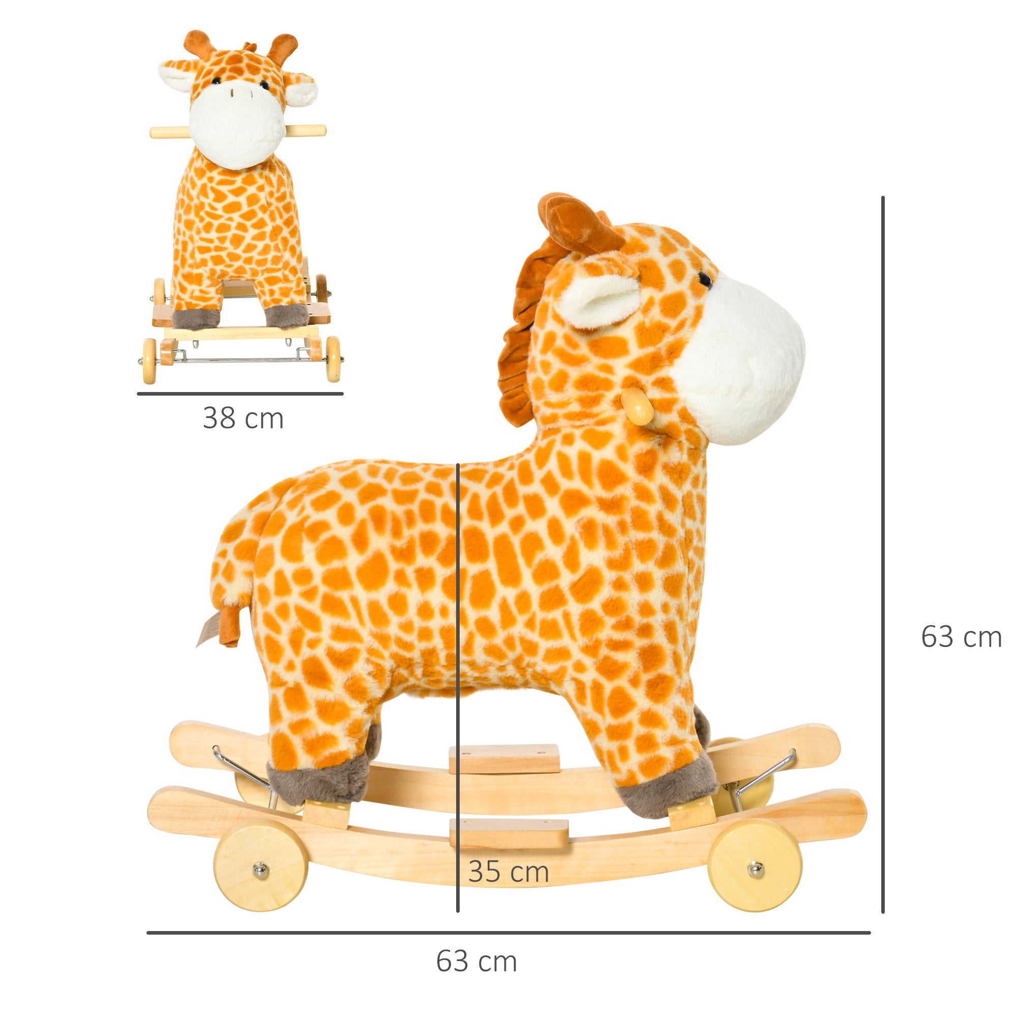 HOMCOM 2 In 1 Kids Todder Rocking Horse Plush Ride On Giraffe Rocker with Wheels Wooden Base Animal Sounds for 3-6 Years 
