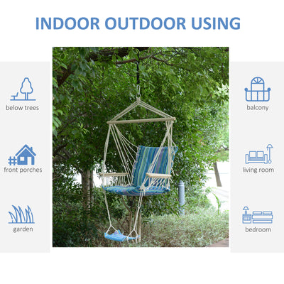 Outsunny Hanging Rope Chair with Soft Padded Seat & Backrest, Portable Garden Hammoc Chair with Wooden Support Bar, Armrests, Cotton Cloth, Footrest, for Patio & Tree, Blue 