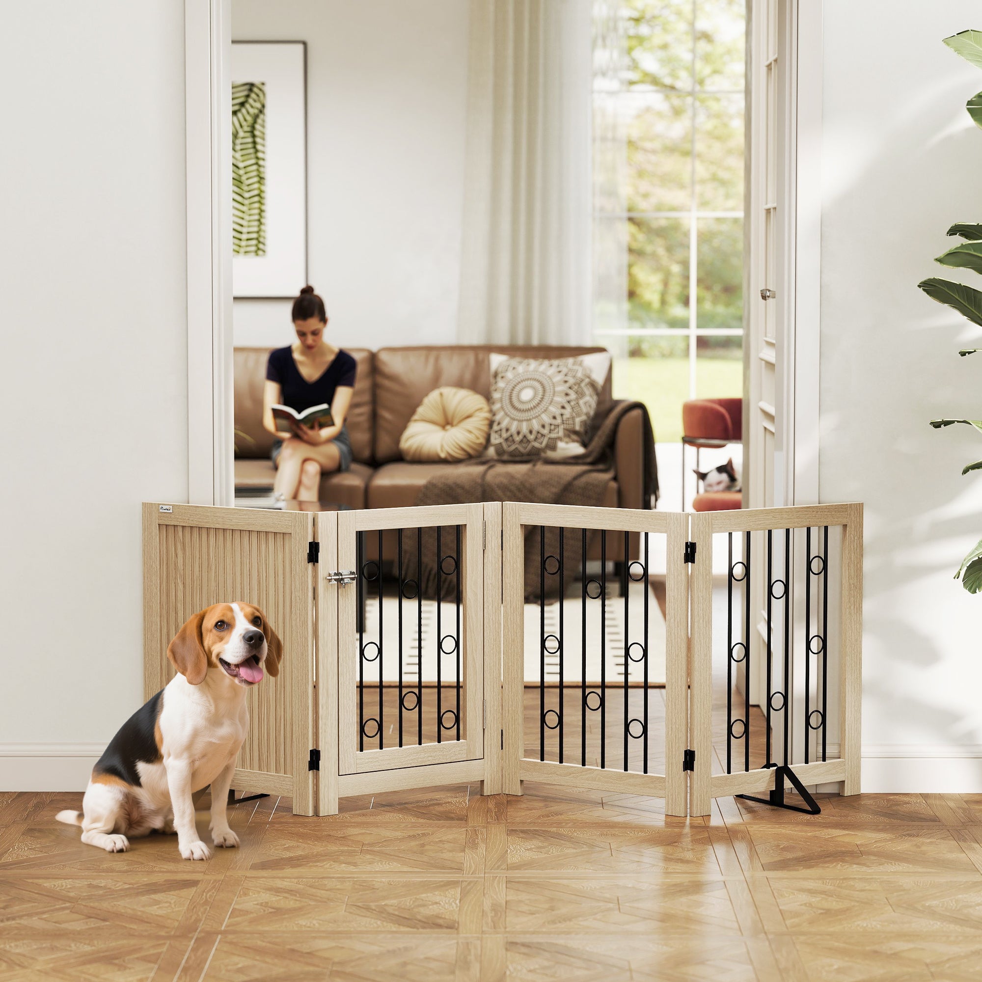 PawHut 4 Panel Freestanding Pet Gate, Indoor Dog Barrier with Lockable Door, Support Feet, 360° Flexible Hinges, Oak 