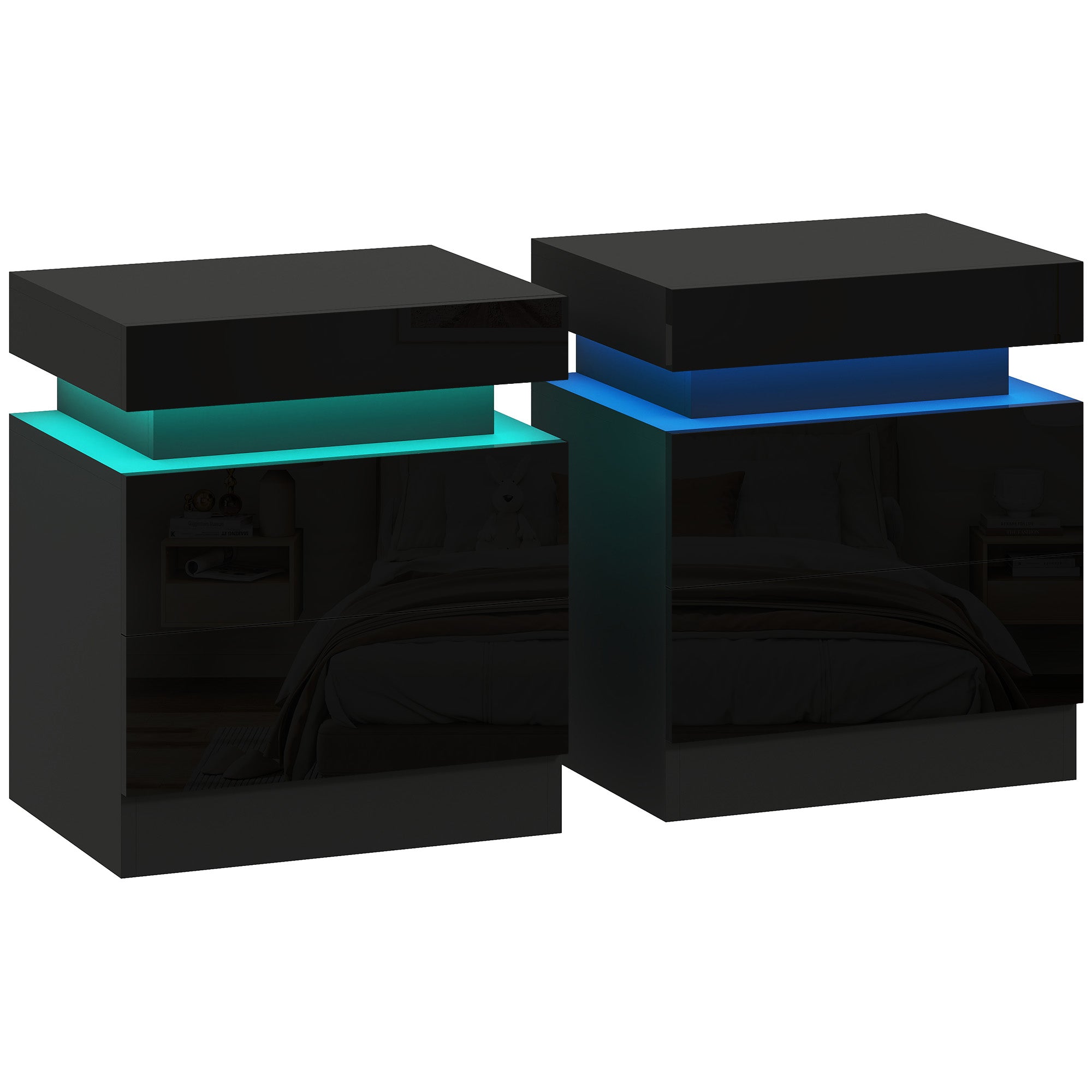 HOMCOM High Gloss Front Bedside Tables Set of 2, Nightstands with RGB LED Light and 2 Drawers, Chest of Drawers for Bedroom, Living Room, Black 