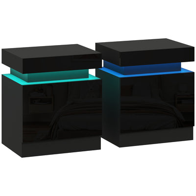 HOMCOM High Gloss Front Bedside Tables Set of 2, Nightstands with RGB LED Light and 2 Drawers, Chest of Drawers for Bedroom, Living Room, Black 