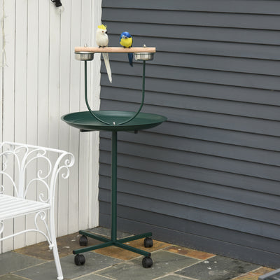 PawHut Bird Perch Stand with Perch, Four Wheels, Feeding Bowls for Small & Medium Birds, Green 