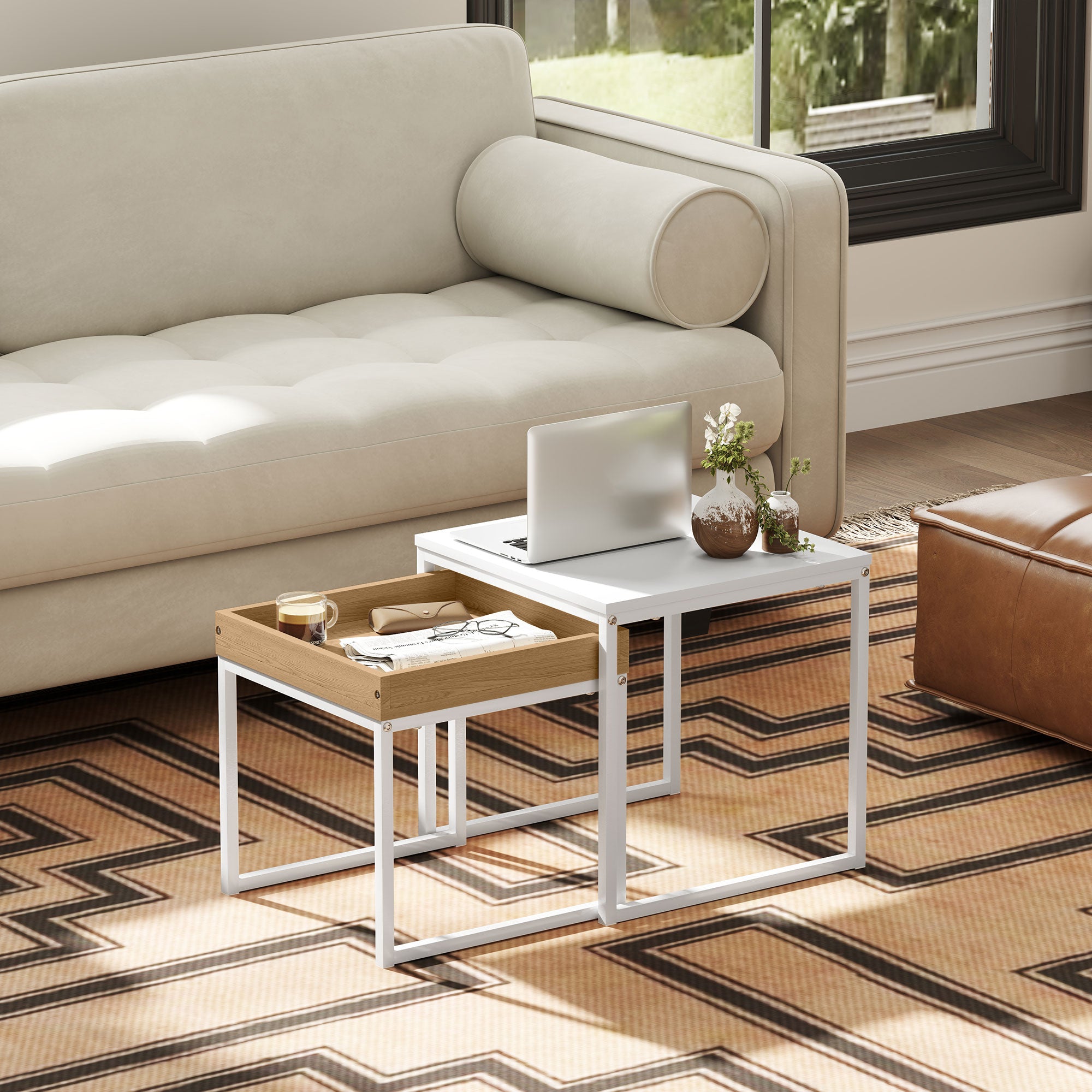 HOMCOM Set of Two Boxy Nesting Tables - White/Wood-Effect 