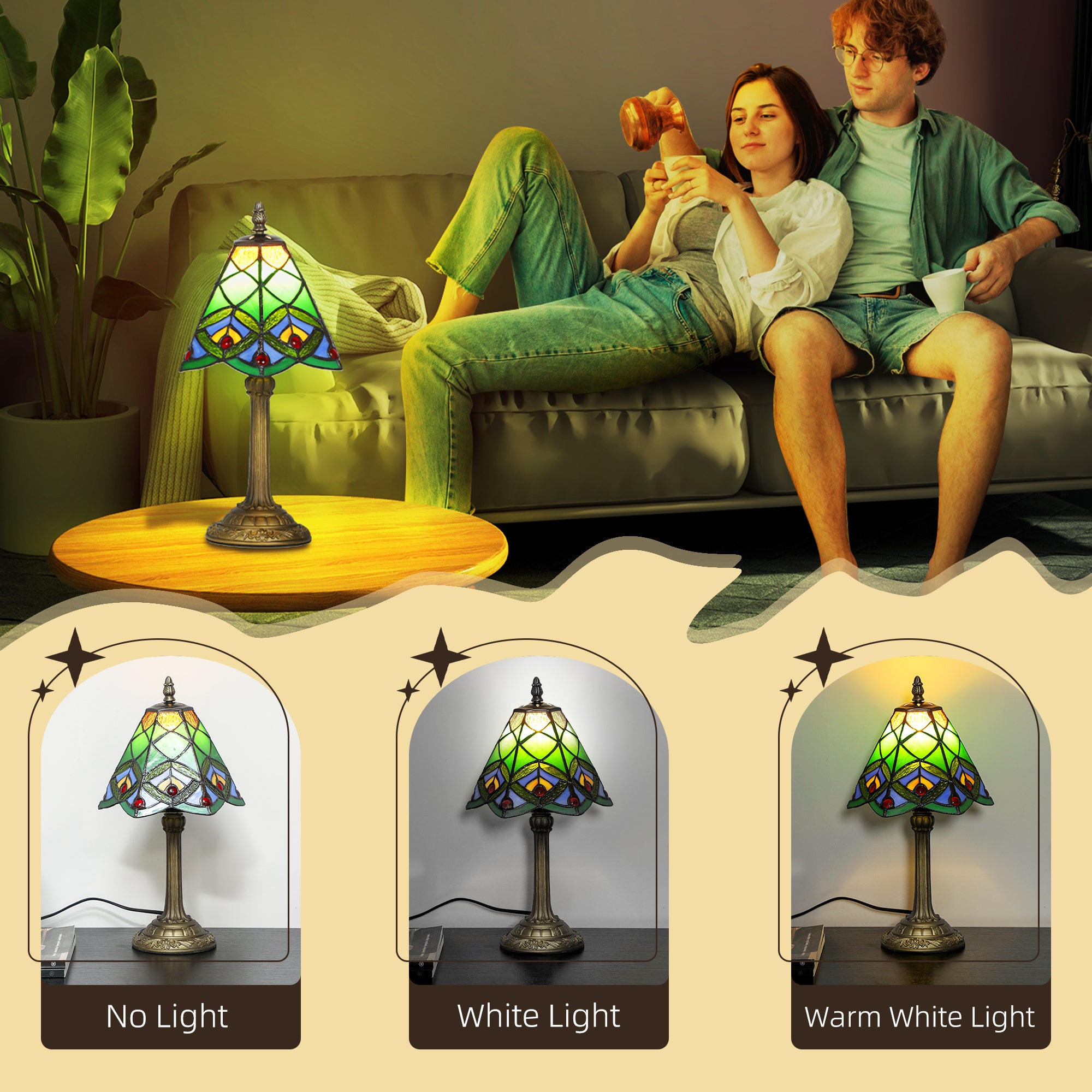 HOMCOM Tiffany-Style Table Lamp with Geometric Patterns, Handcrafted Antique Stained Glass Bedside Lamp for Living Room and Bedroom, E27 Socket, Green 