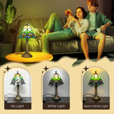HOMCOM Tiffany-Style Table Lamp with Geometric Patterns, Handcrafted Antique Stained Glass Bedside Lamp for Living Room and Bedroom, E27 Socket, Green 