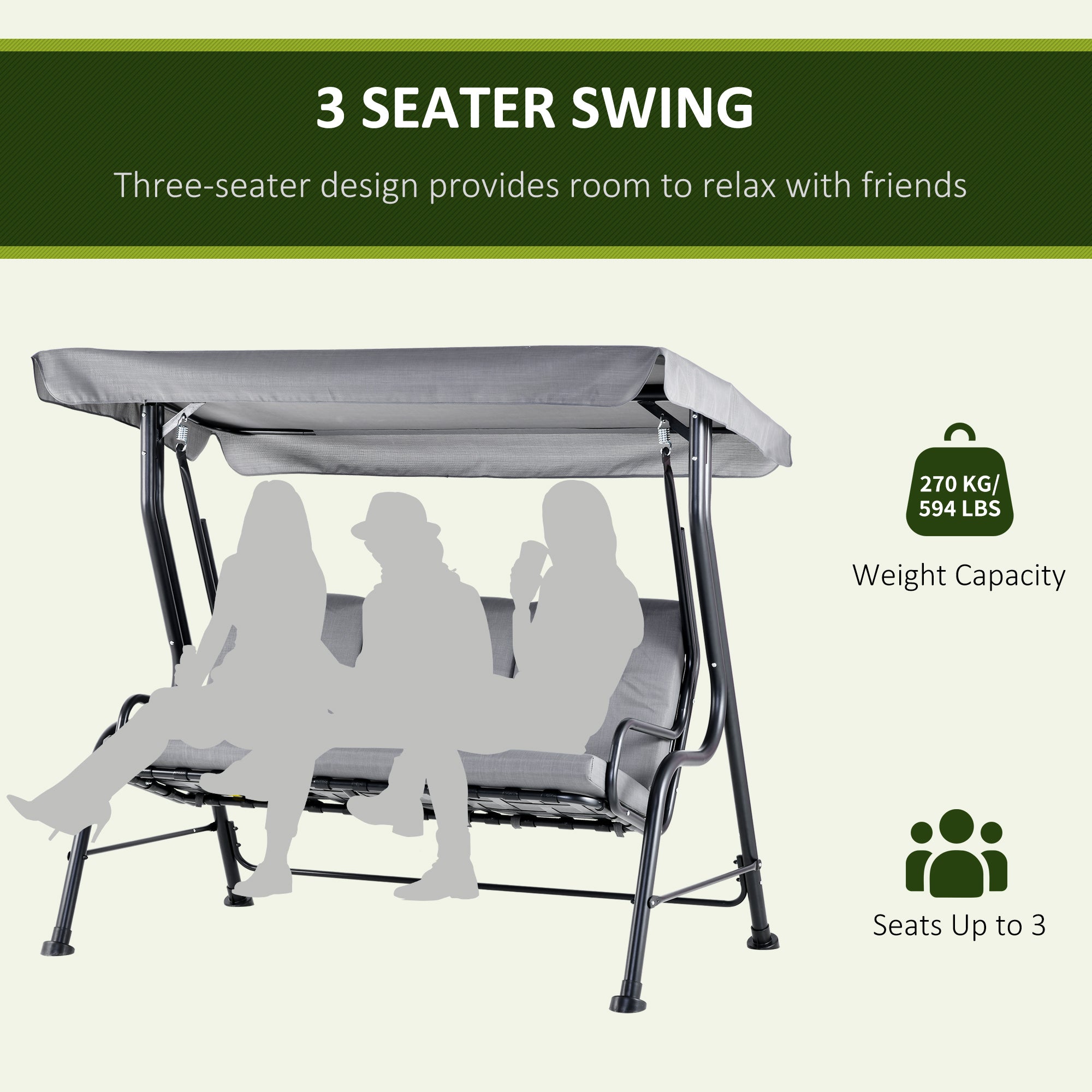 Outsunny Outdoor 3-person Metal Porch Swing Chair Bench, Grey 