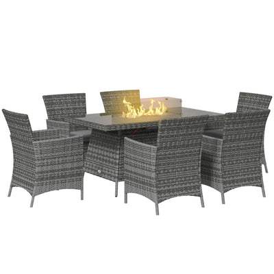 Outsunny 7 Pieces Outdoor Rattan Garden Furniture with Fire Pit Table, 6 Seater Garden Table and Chairs with Cushions, Rattan Dining Set with Propane Heater Table, Windscreen, 50,000 BTU, Grey 