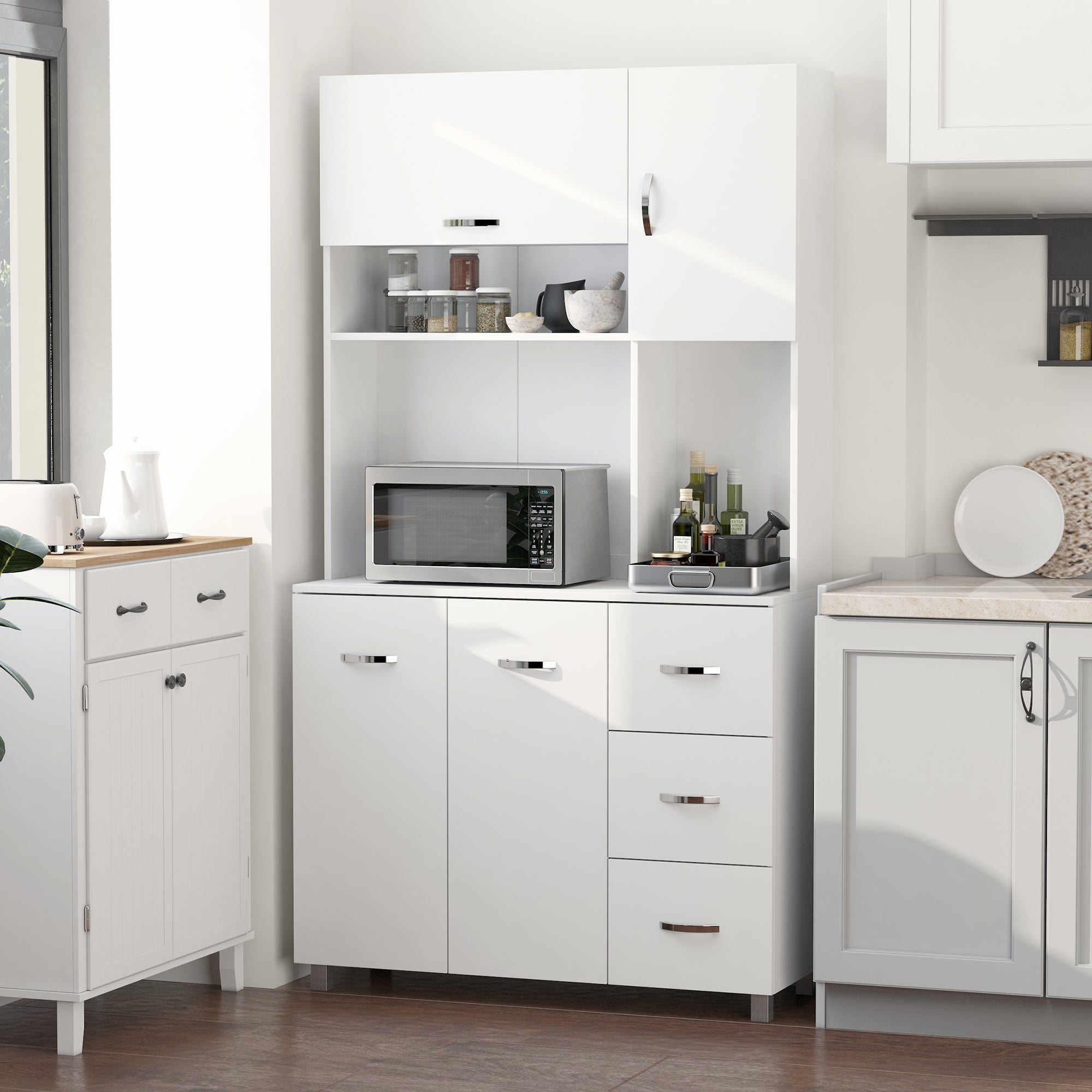 HOMCOM Kitchen Cupboard, 183cm Tall Storage Cabinet with Countertop, Sideboard with 3 Drawers, 4 Doors and Open Shelves, 100W x 39.5D x 183.5H cm, White 