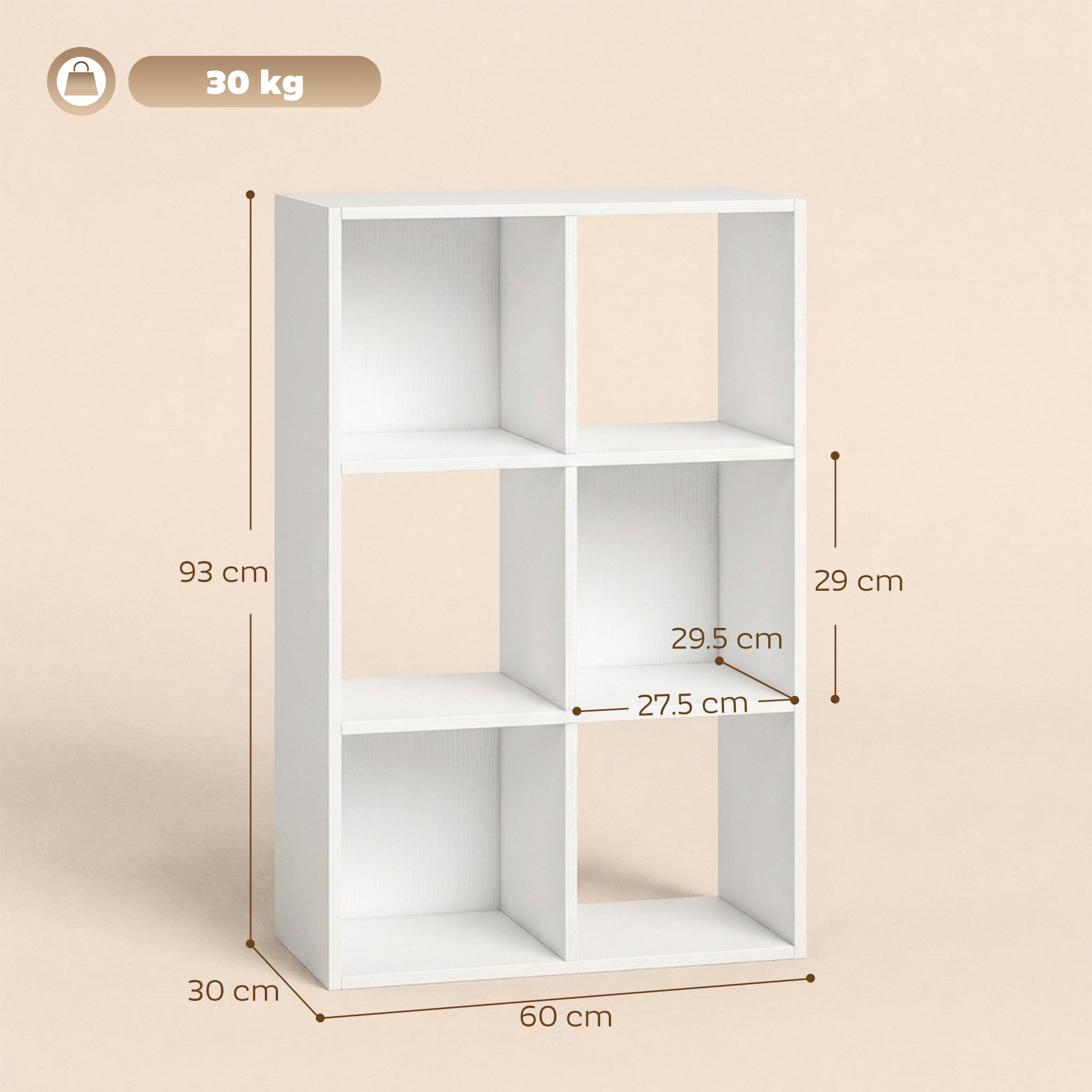 HOMCOM Industrial Style Storage Shelf, Bookcase, Bookshelf with 6 Compartments, for Living Room, Home Study, White Wood Effect 