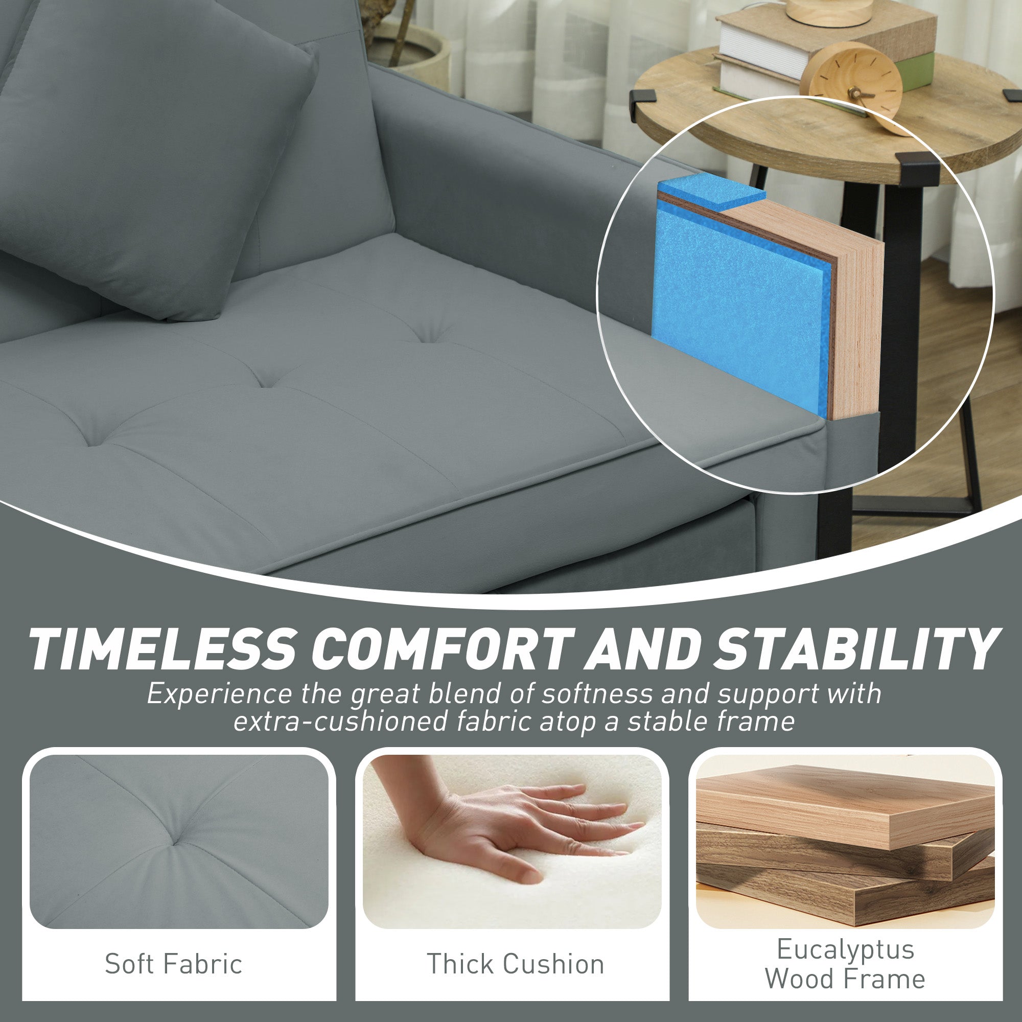 HOMCOM Three-Person Velvet-Feel Sofa Bed - Grey