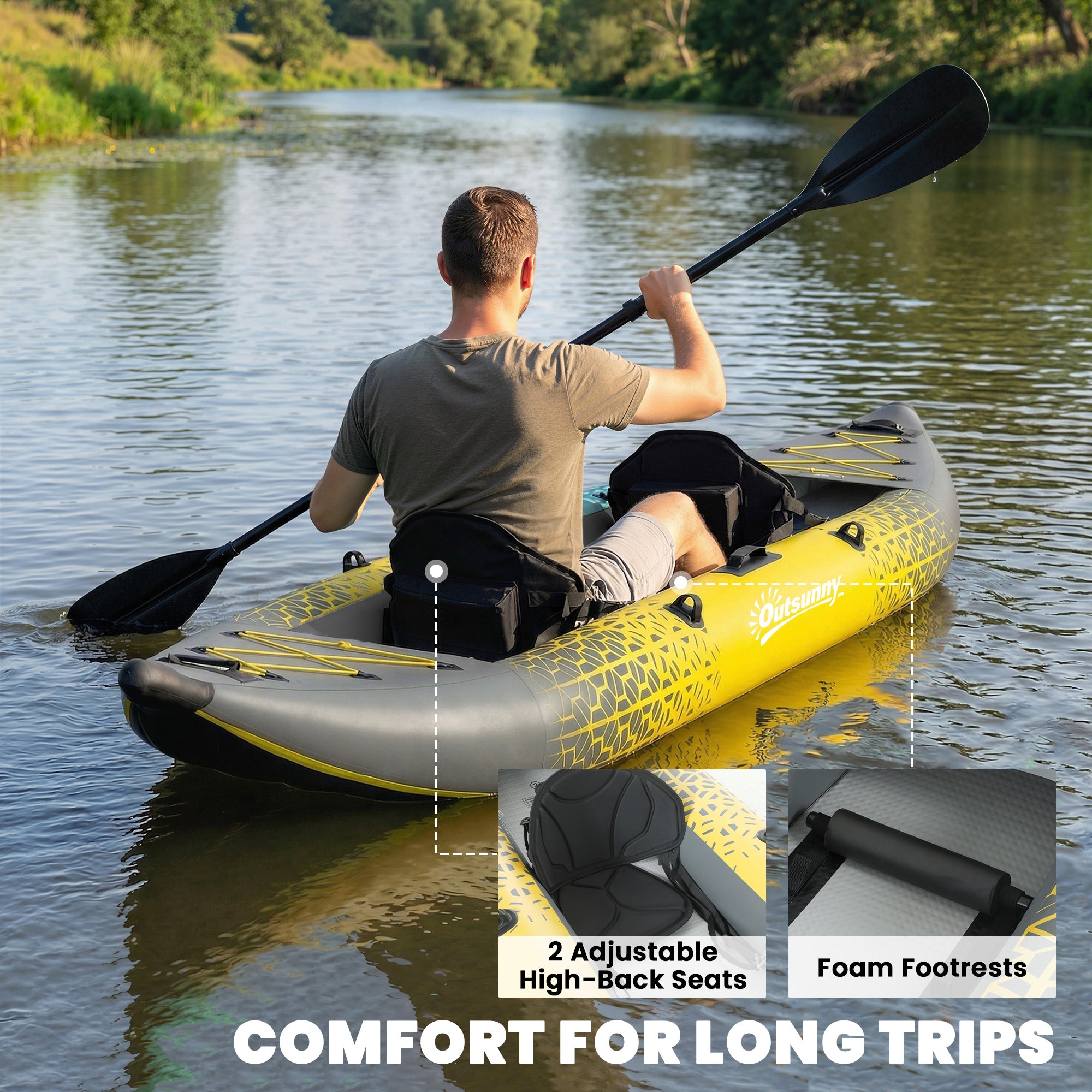 Outsunny 12.5' Inflatable Kayak Set, 2-person Sit on Canoe with Aluminium Oars, Grey and Yellow 