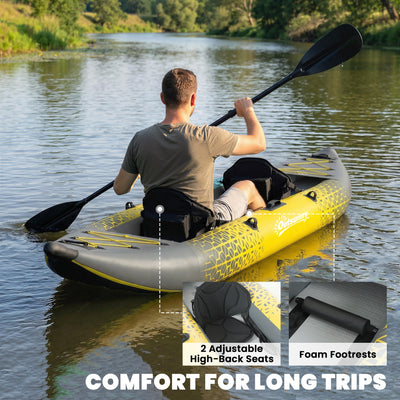 Outsunny 12.5' Inflatable Kayak Set, 2-person Sit on Canoe with Aluminium Oars, Grey and Yellow 