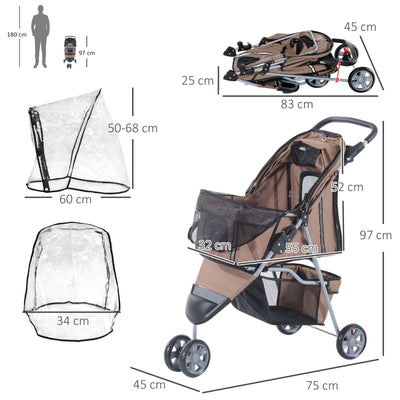 PawHut Dog Stroller with Cover for Small Miniature Dogs, Folding Cat Pram Dog Pushchair with Cup Holder, Storage Basket, Reflective Strips, Brown 