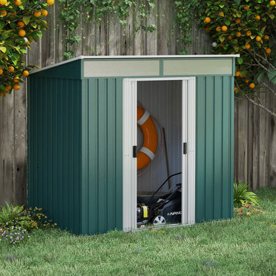 Outsunny 6.5 x 4FT Galvanised Metal Shed with Foundation Kit, Lockable Tool Garden Shed with Double Sliding Doors, Vents, Green 