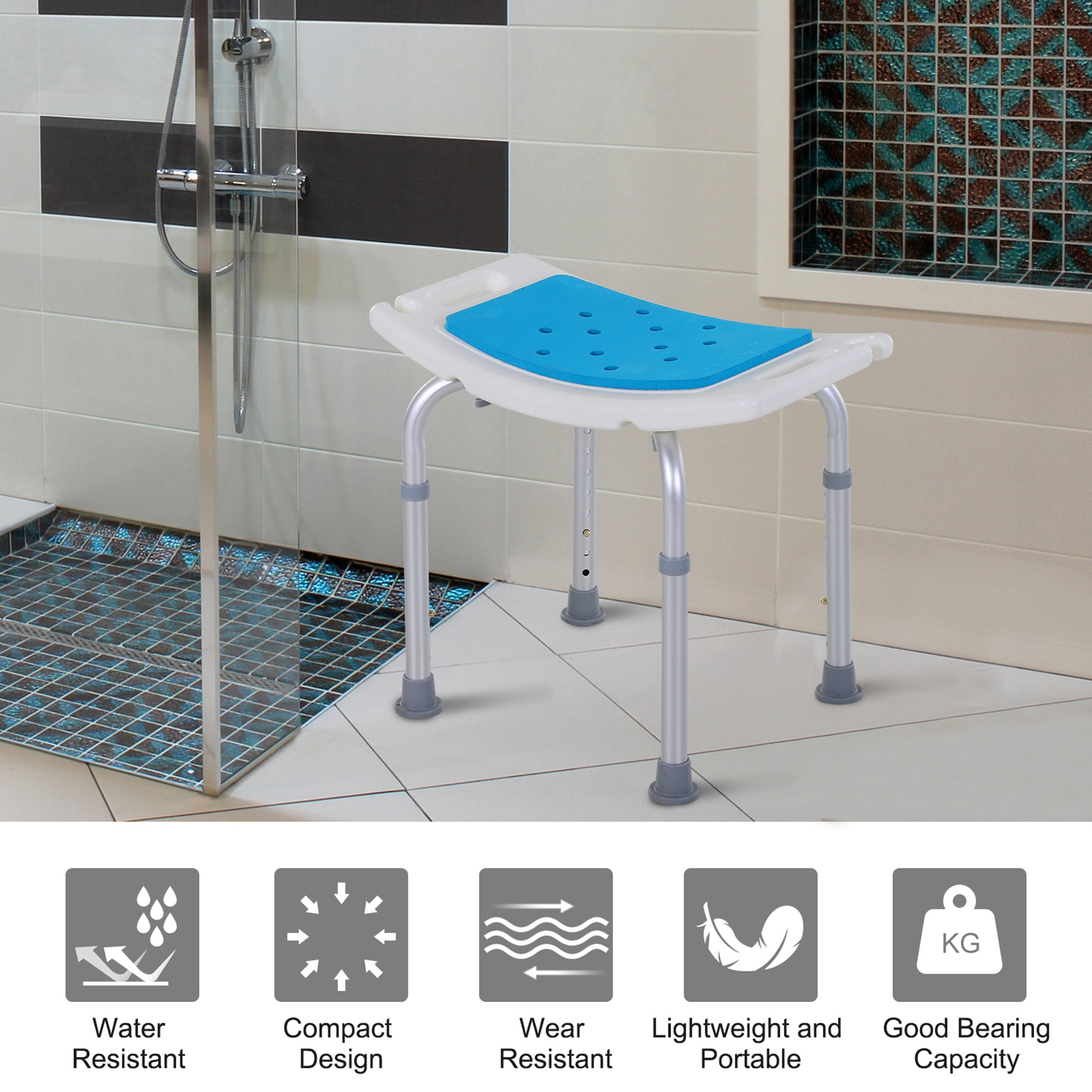 HOMCOM 6-Level Height Adjustable Aluminium Bath Room Stool Chair Shower Non-Slip Design w/ Padded Seat Drainage Holes Foot Pad, Blue 