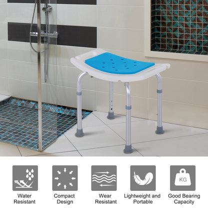 HOMCOM 6-Level Height Adjustable Aluminium Bath Room Stool Chair Shower Non-Slip Design w/ Padded Seat Drainage Holes Foot Pad, Blue 