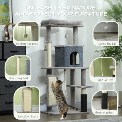 PawHut 132cm Cat Tree w/ Scratching Posts, Pad, Cat Bed, Cat House, Jumping Platform, Grooming Brush, Anti-Tip Kit, Light Grey 