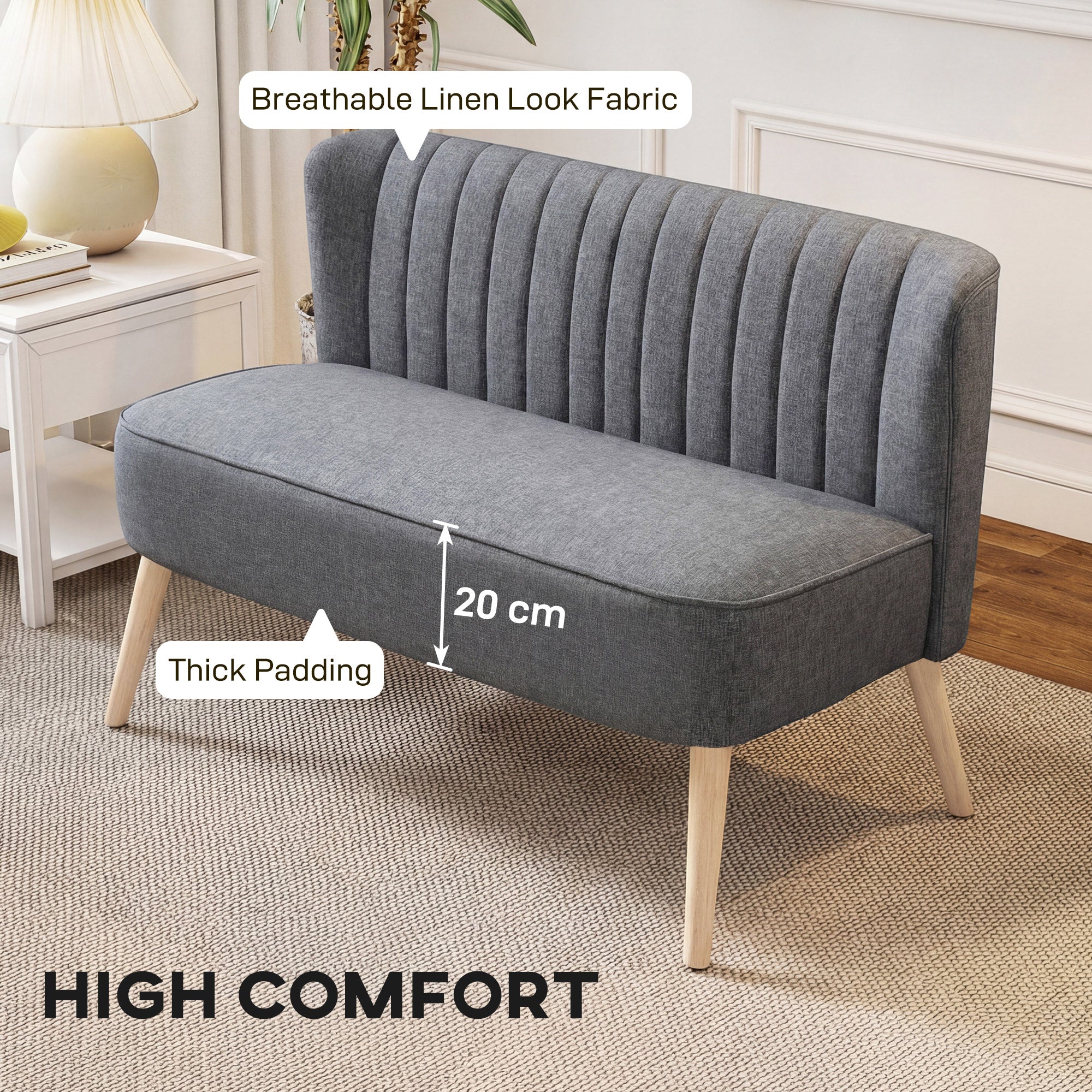 HOMCOM 117cm Loveseat Sofa Upholstered Small 2 Seater Sofa with Thick Padded Seat and Rubber Wood Legs, Grey 